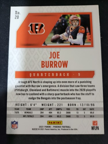 2021 Phoenix Joe Burrow card #20 Bengals - Picture 2 of 2