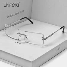 Men's Luxury Square Silver Frame Retro Hip Hop Clear Lens Tint Rimless Glasses 