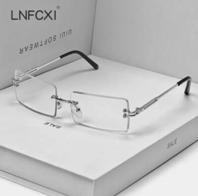 Men's Luxury Square Silver Frame Retro Hip Hop Clear Lens Tint Rimless  Glasses