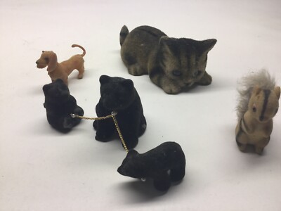 Vintage Lot Of Flocked Animals Cat Bank Bears Squirrel Dog