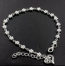 Heart & Flowers  Anklet Foot Chain Boho Beach Beads 925 Sterling Silver plated