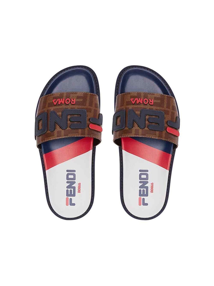 NIB NEW Fendi Mania blue red brown logo rubber slide sandals NIB NEW Fendi Mania blue red brown logo rubber slide sandals