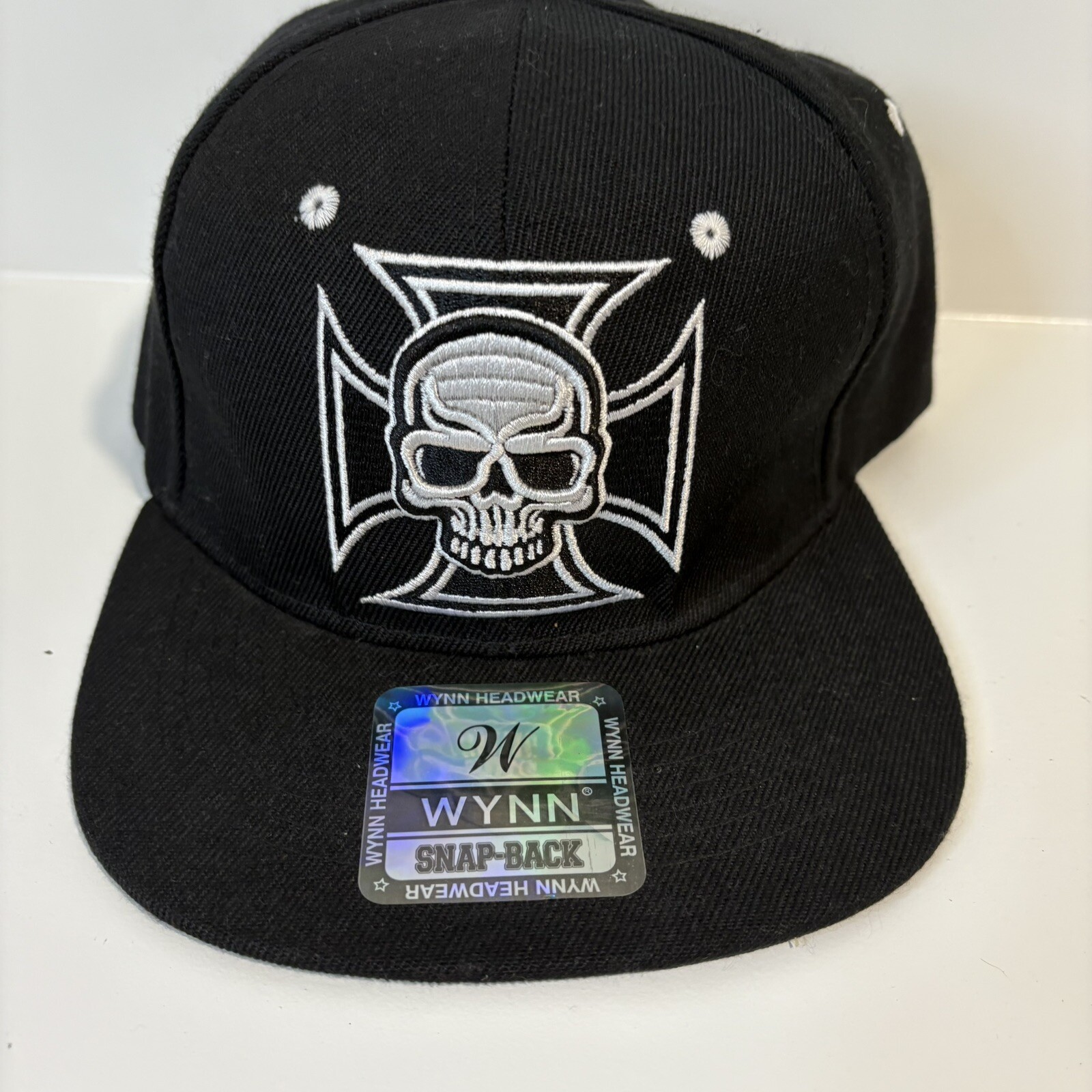 NWT Black Flat-Bill Baseball Cap with Embroidered Skull and Iron Cross Patch