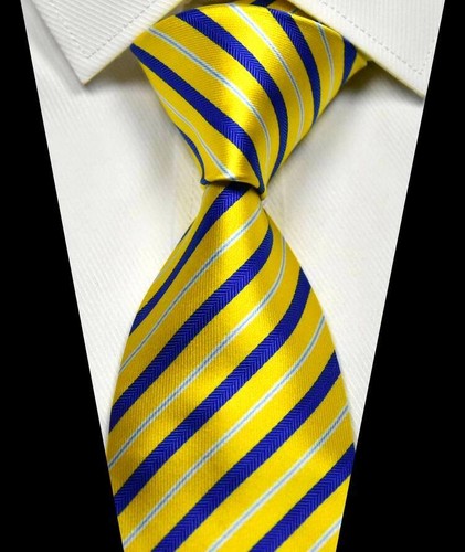 New Classic Striped Yellow Blue White 100% Silk Men's Necktie Neck Tie 3.15''8CM - Afbeelding 1 van 2