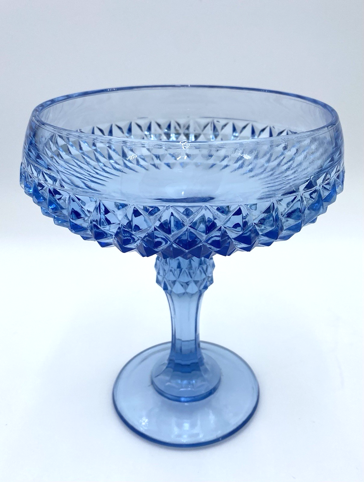 Vintage Regal Blue Indiana Glass Diamond Point Footed Compote 7.3 Inch