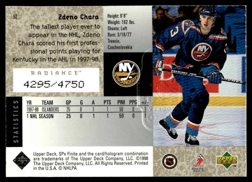 1998-99 SPx Finite Radiance Zdeno Chara /4750 New York Islanders #52 - Image 2 of 2