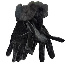 Womens Winter Warm Velveteen Soft Faux Fur Trimmed Wrist Gloves Black Solid