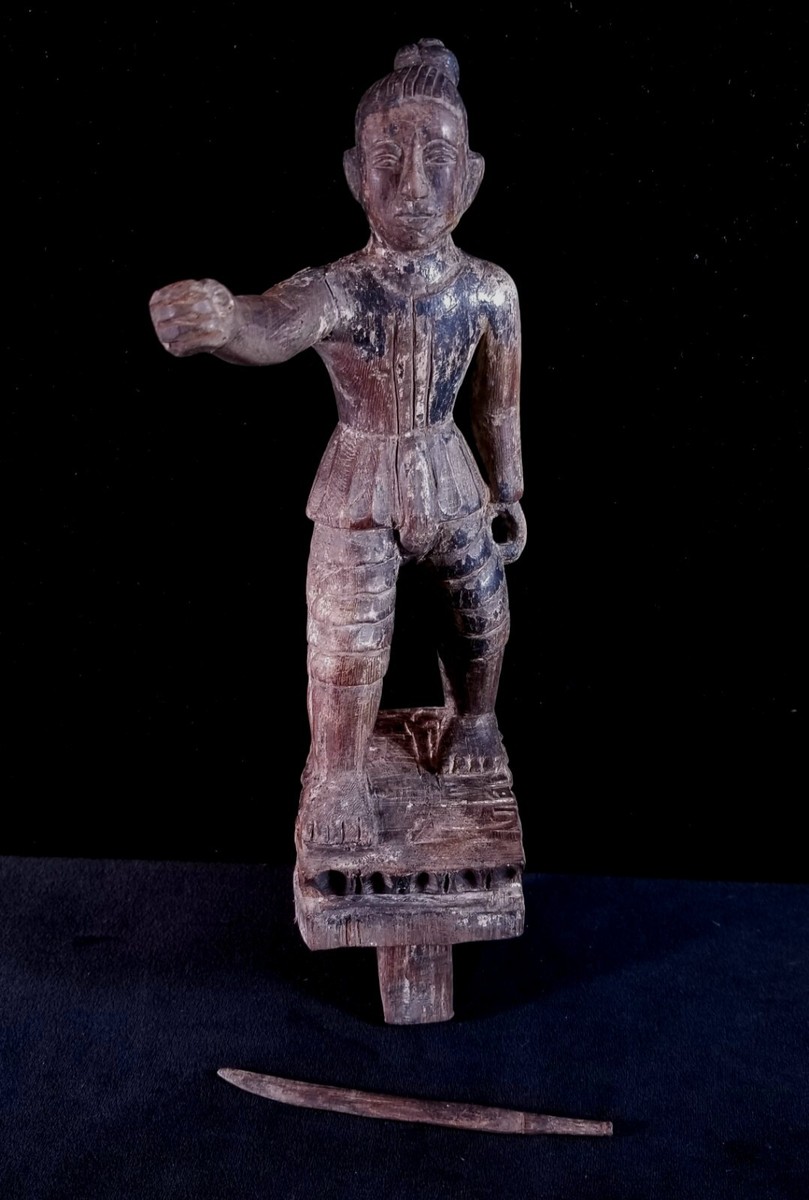 Antique Burma Myanmar Hand Carved Hardwood Nat Warrior With Sword