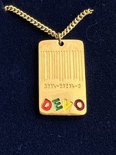 DEVO Barcode Dog Tag Necklace Vintage Gold Tone Enamel Band Jewelry Rare 1980s