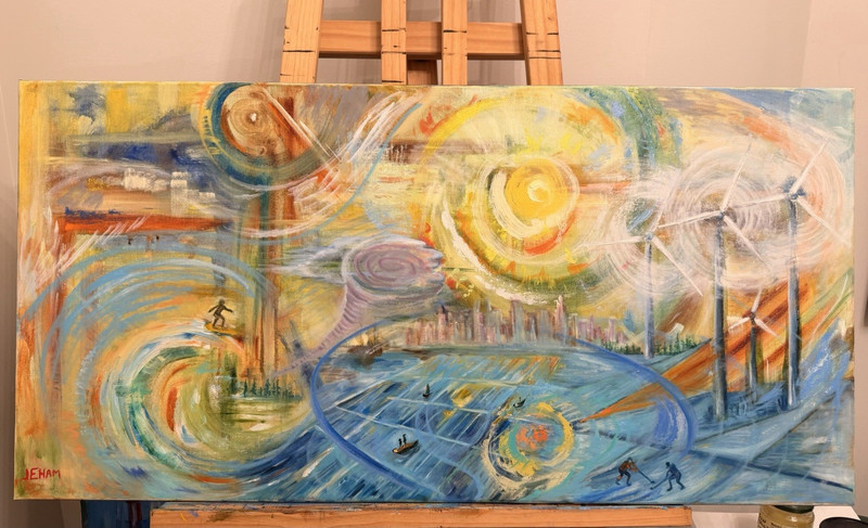 Original Abstract Modern Cityscape Windmills Solar Canvas Unframed