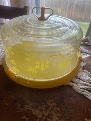 Vintage Yellow White Flower Locklift Plastic Cake Cover Carrier Server Retro