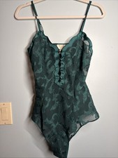 Victoria  s Secret Gold Label Satin Teddy Bodysuit Emerald Velvet Burnout Lace