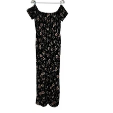 Exhilaration Jumpsuit Womens Black SZ S Floral Smocked Bodice & Sleeves Tassels
