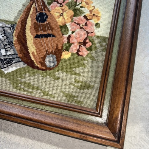 Vtg Mandolin Flowers Needlepoint Framed Bucilla Still Life Art Cottagecore Wall - Picture 7 of 7