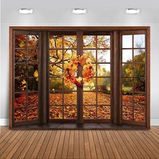7x5ft Fall Backdrop Window Maple Leaves Fall Forest Photography Backdrop Autu...