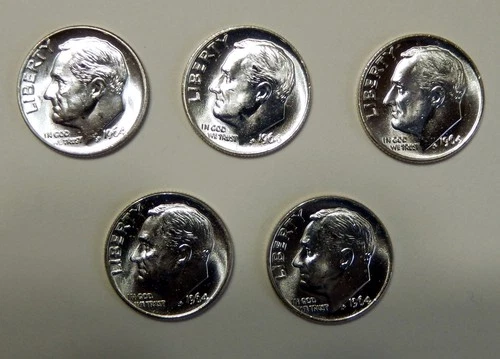 $5.00 UNDER SPOT   Five (5) 1964 Roosevelt 90% Silver Dimes  BU   .3615 Troy Oz