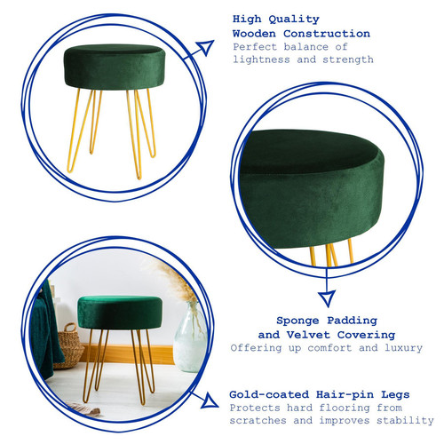 Round Velvet Footstool Ottoman Stool Pouffe Seat with Gold Legs H40 x D35cm - Picture 2 of 45