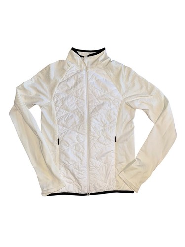 Athleta Quilted Front Jacket White Black Trim Medium Thumb Holes