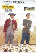 Butterick 3072 Colonial Coat, Vest, Shirt, Pants & Hat Sz 32-36 UNCUT Pattern