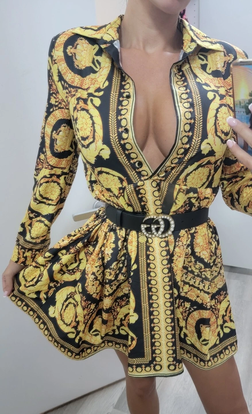 VERSACE Abito Moda Donna Oro Nero Stile Designer Cintura Scollo V Profondo Non Incluso