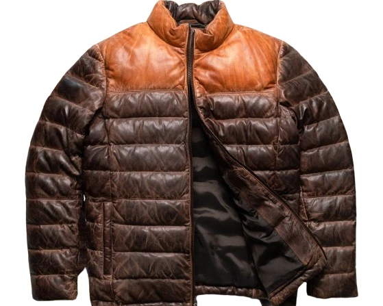 Men's Leather Jacket Real Sheepskin Leather puffer Jacket Distressed Brown