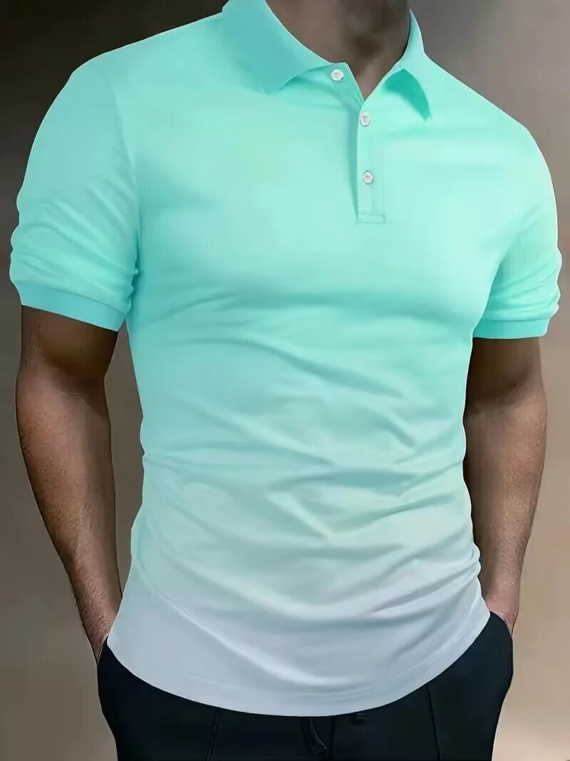 Green Gradient Ombre Short Sleeve Shirt Men Lapel Collar Button Stretch Fabric - Picture 1 of 3