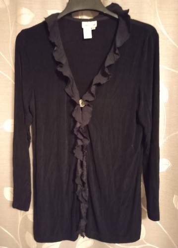 Coldwater Creek Slinky Knit Open Jacket Womens Large Black Stretch Casual Ruffle - 第 1/5 張圖片