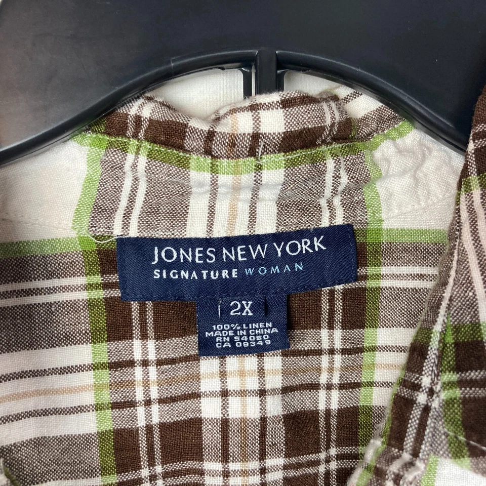Jones New York Top Womens 2X Plus Linen Plaid Button Up Shirt Long Sleeve Collar - Image 4 of 4
