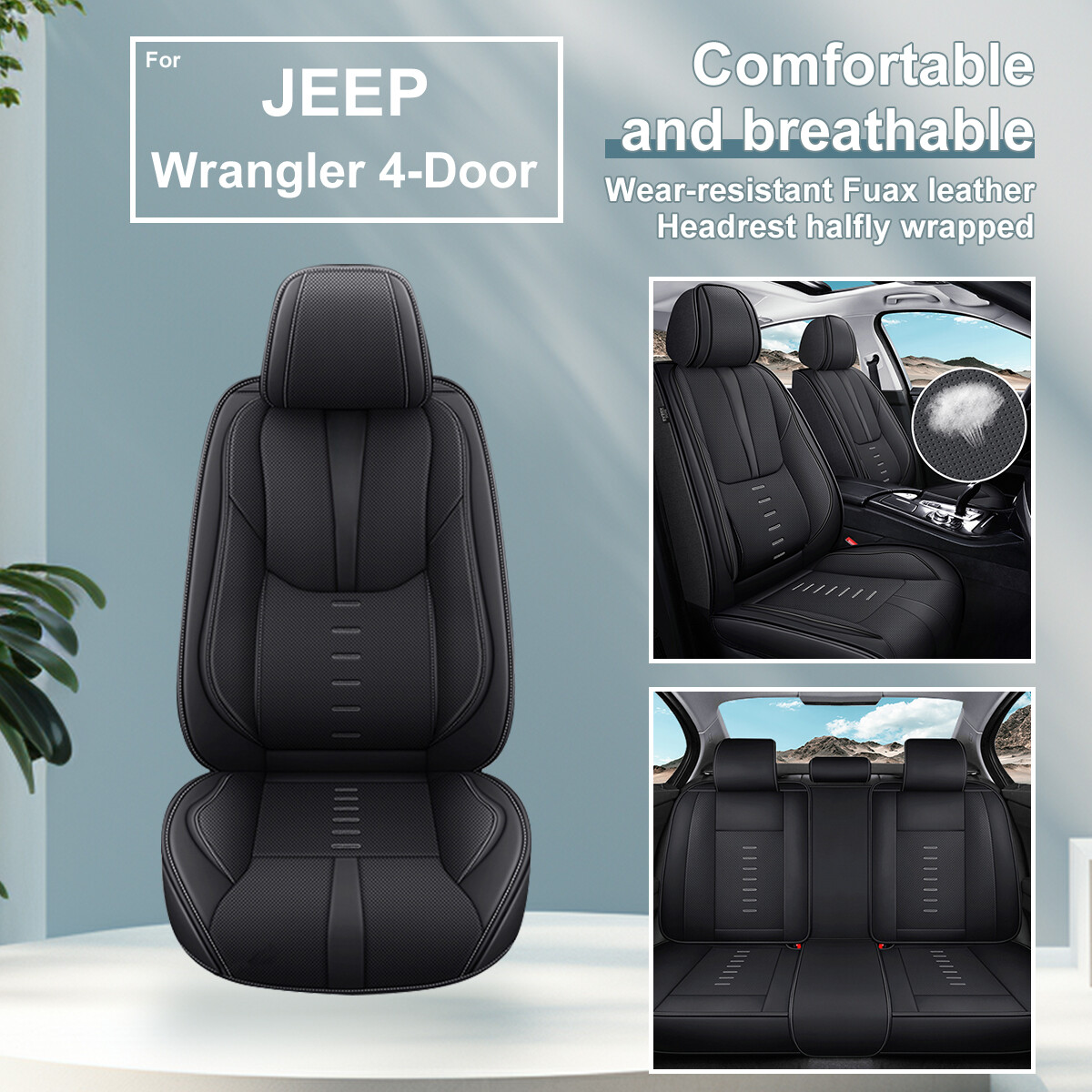 Premium Faux Leather 5-Seat Car Seat Cover for Jeep Wrangler 4-Door 2008-2024 Models-image