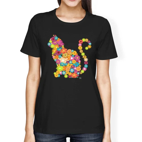 1Tee Womens Loose Fit Cat Silhouette Floral T-Shirt