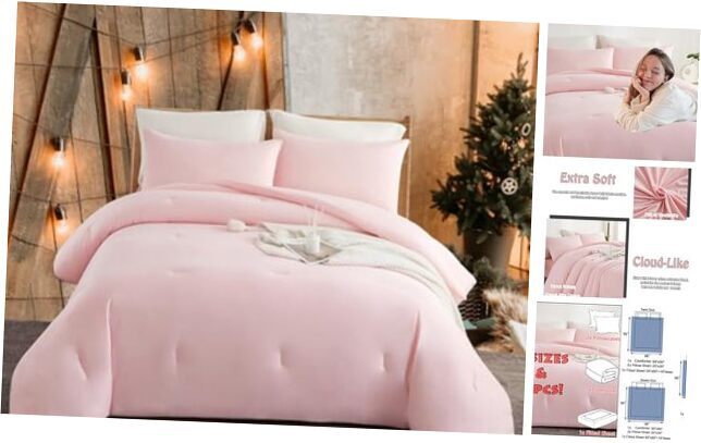 Comforter Set 4 PCS Bed in a Bag with 1 Super Soft Marshmallow Queen Pink-image