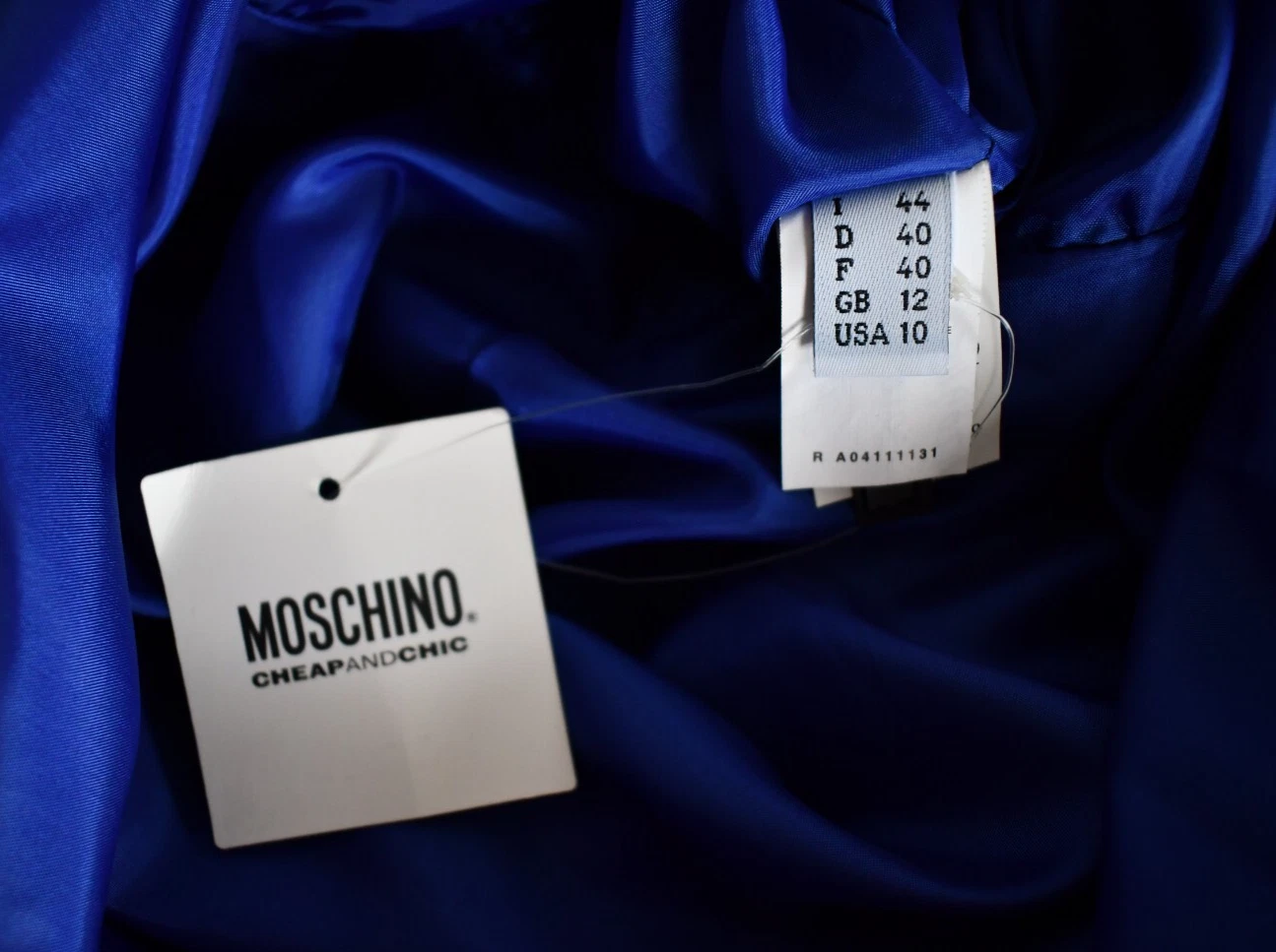 Abito da cocktail nuovo MOSCHINO ECONOMICO E CHIC blu SETA CON VOLANT IT 44 US 8 10 GB 12