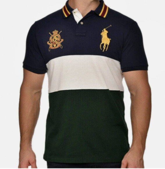 Polo Ralph Lauren Custom Slim Fit Big Pony Gold Crest Block Mesh Polo Shirt New thumbnail 2