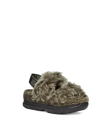 Ugg Fluff Sugar Logo Strap Sandal Fuzzy Army Green Slipper Comfort size 7 NEW - Image 1 of 4