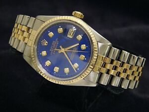 Rolex-Datejust-Mens-18k-Gold-amp-Steel-Watch-w-Submariner-Blue-Diamond-Dial-16013