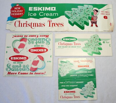 Vintage Lot Eskimo Pie Ice Cream Paper Advertisement Signs Christmas Trees Santa