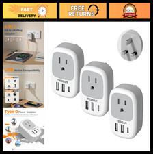 Travel UK Plug Adapter 3-Pack, US to UK Power Adapter with 3 USB Ports 1 USB-C 