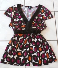 VTG AB Studio Top Womens XL Babydoll Abstract Retro V Neck Tie Back Y2K H231