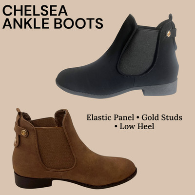 Top Moda Chelsea Slip-On Ankle Boot   Elastic Panel   Gold Studs   Low Heel