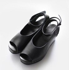 Trippen Women's Black Leather Ankle Wedge Sandals 23.5cm Mint Free Shipping