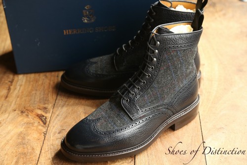 Herring By Carlos Santos Navy Blue Leather Tweed Brogue Boots Shoes Mens UK 7.5