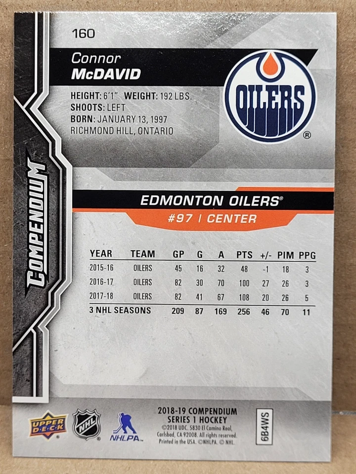 2018-19 Upper Deck Compendium Connor McDavid Blue #160 SP - Image 2 of 2