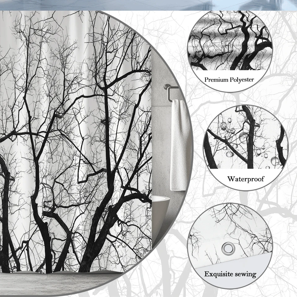 Black Tree Branch Silhouette Shower Curtain, Modern Minimalist Bathroom Decor - Image 3 of 4