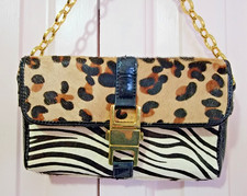 Steve Madden Clutch Purse Handbag Zebra Leopard Print Leather Gold Chain