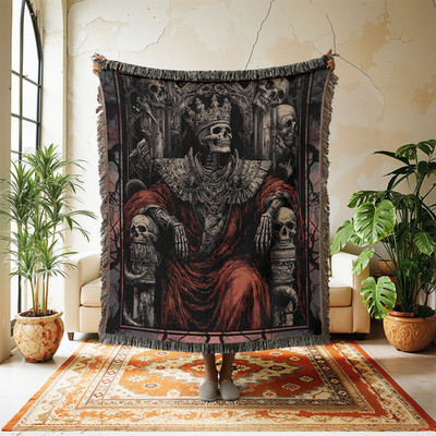 Skeleton King Woven Blanket, Gothic Tapestry Wall Hanging, Medieval Goth Macabre