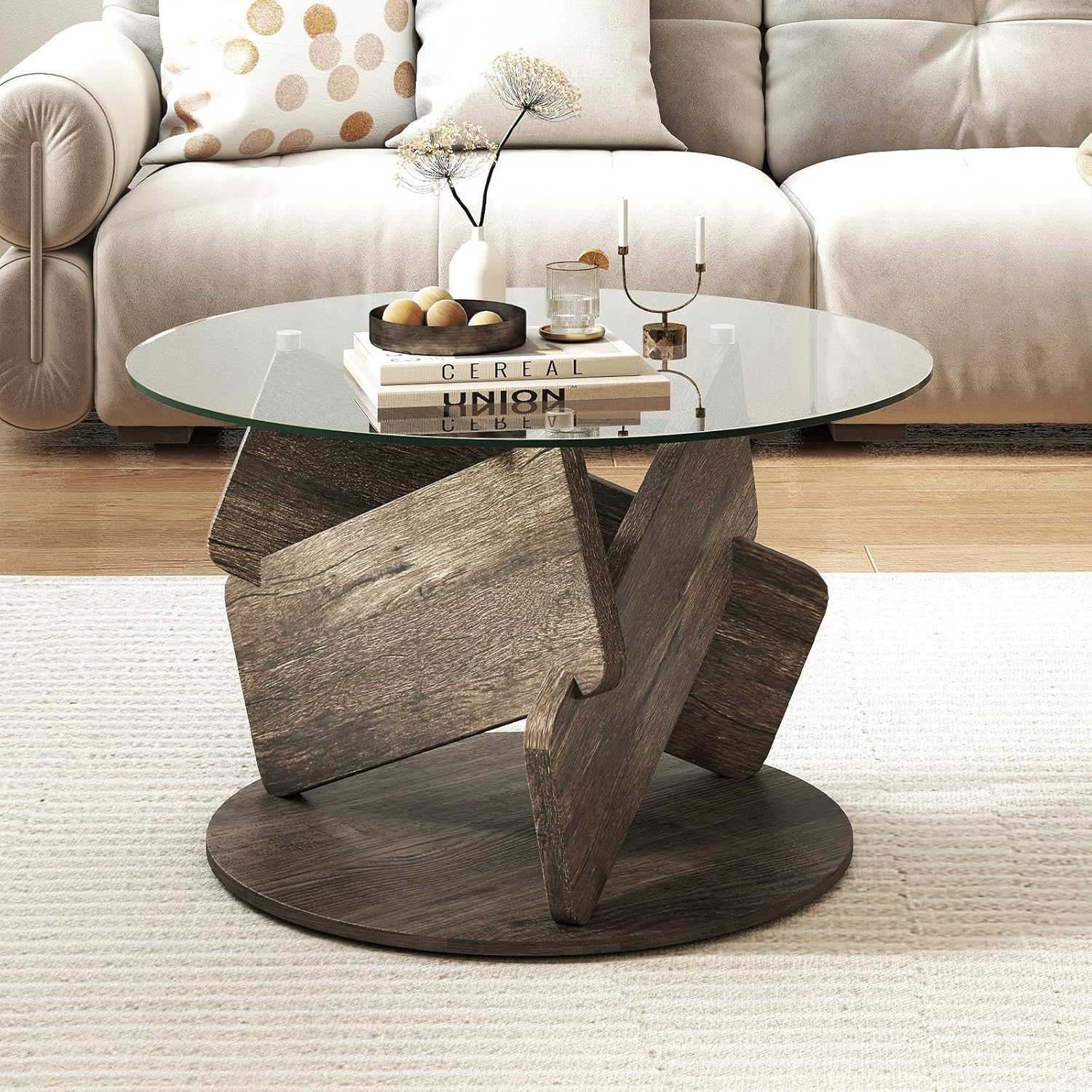 Coffee Table Round Glass Wooden Base Storage Modern Living Room Centre Table