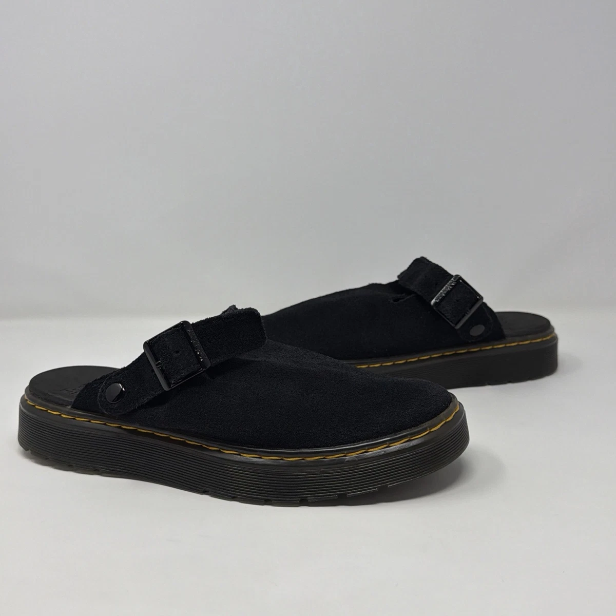 Dr. Martens Black Suede Shearling Buckle Platform Slides Dr. Martens Myles HDW Leather Sandals Slides Black Mens Sz  main image 2