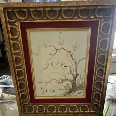 L. Kuhn Original Framed Acrylic Still Life Painting Flowers Bird on Canvas