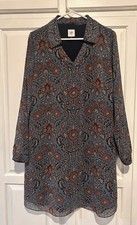 CAbi Size Medium Shift Dress Blue Floral Paisley Retro Lined Long Sleeve Office