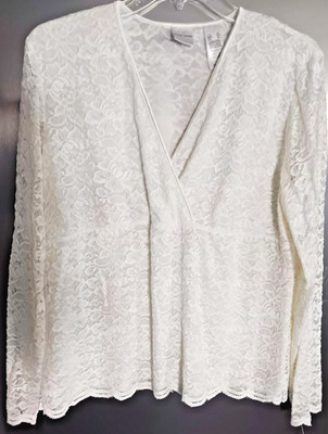 NEW  Emma James Long Sleeve Lacey Top Women s  IVORY XL  V Neck Pullover Blouse
